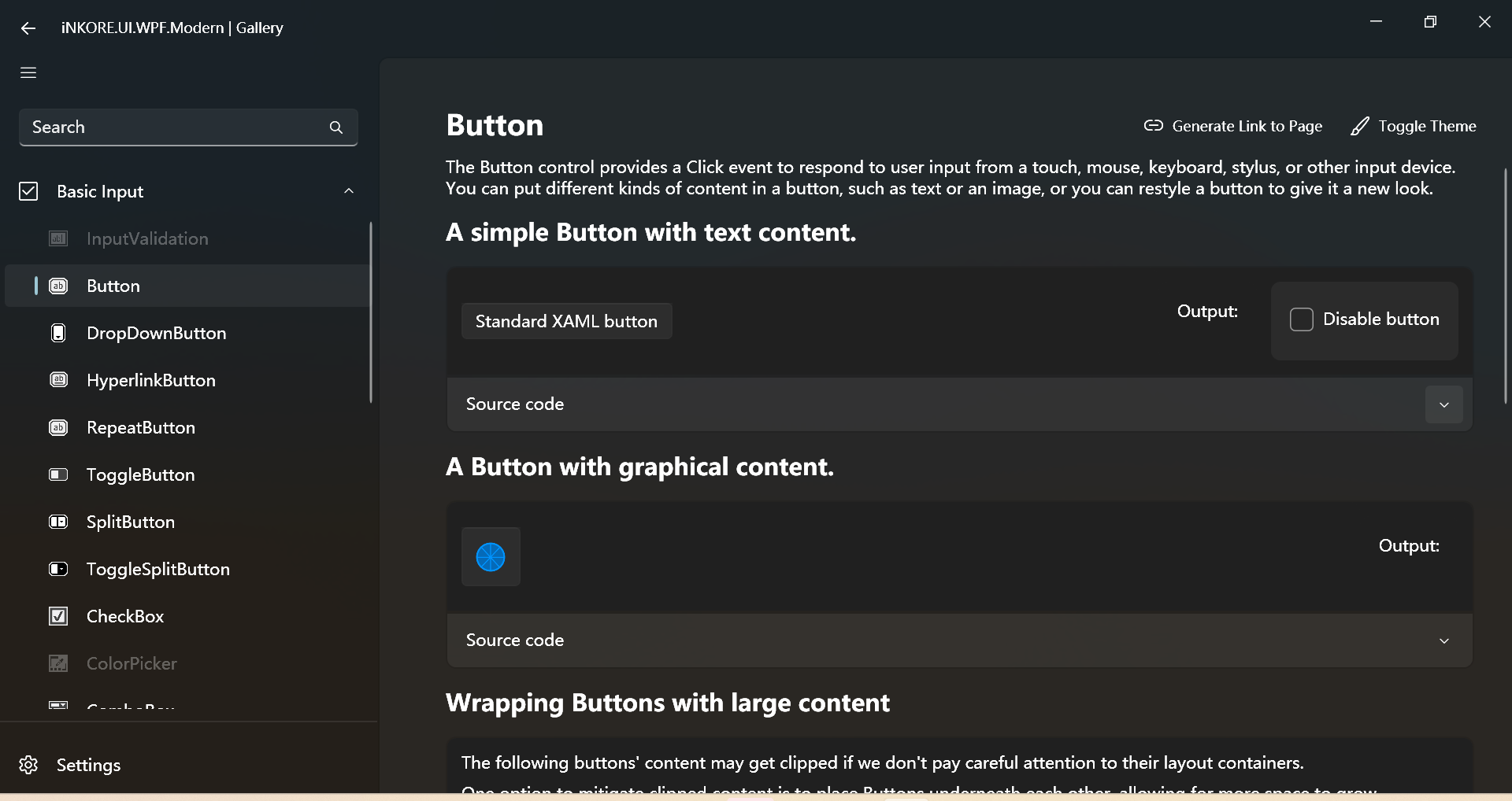 Button Page in dark mode